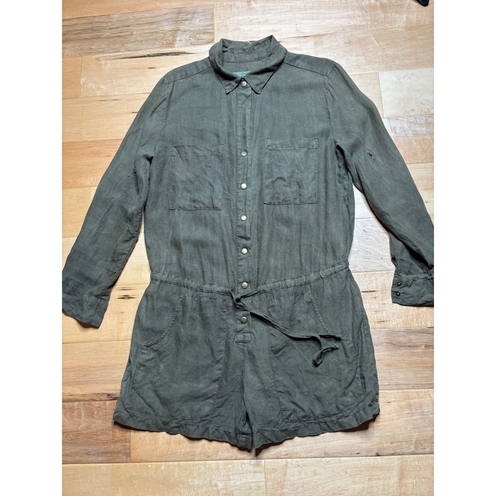 Enza Costa Romper Women Size 3 (L) Green Linen Utility Intermix Snap Front USA